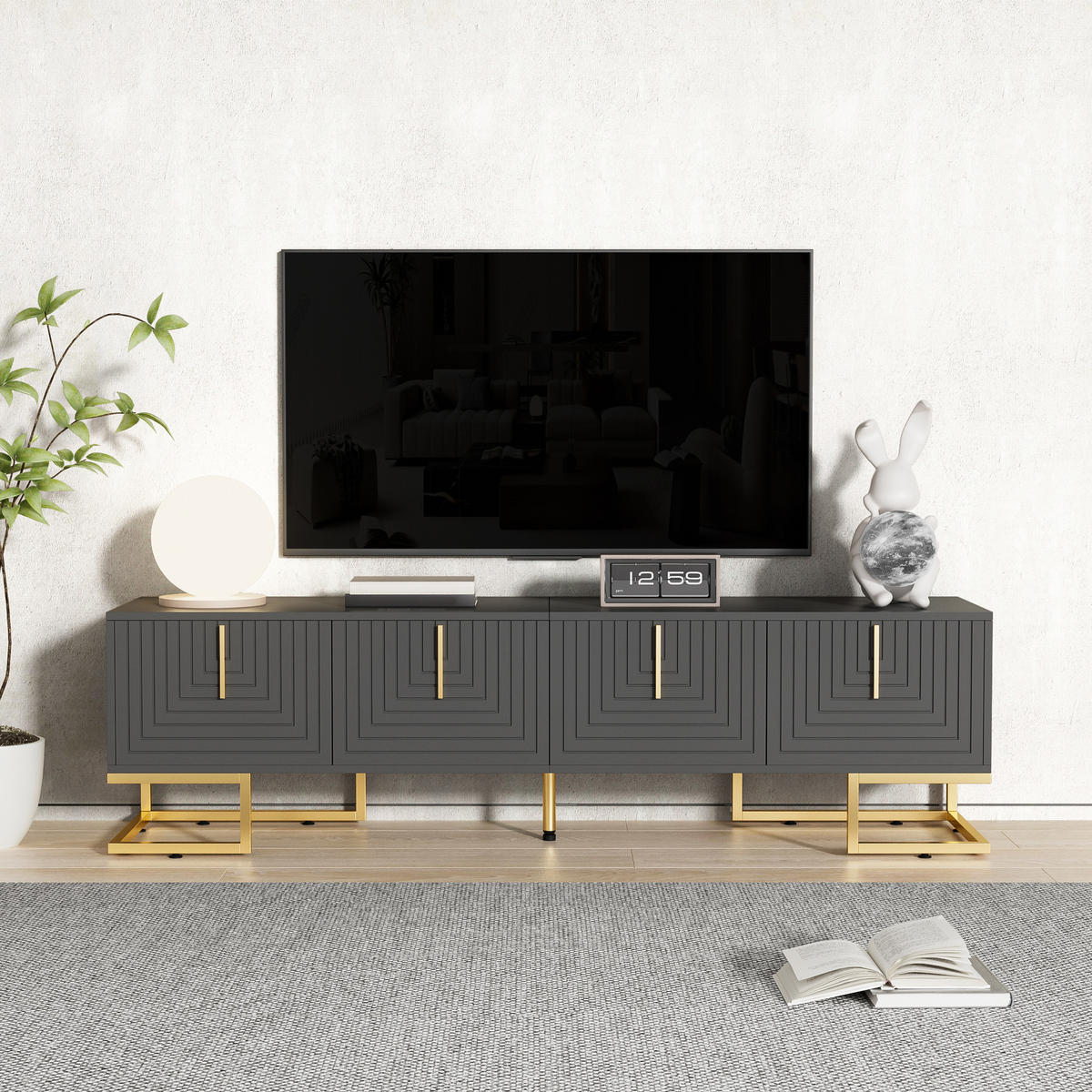 TV STOLEK šedý a zlatý, strukturovaná dvířka, do obývacího pokoje, 170×40×45,5 cm - šedá/zlatá, kov/kompozitní dřevo (170/45.5/40cm) - STILVORA