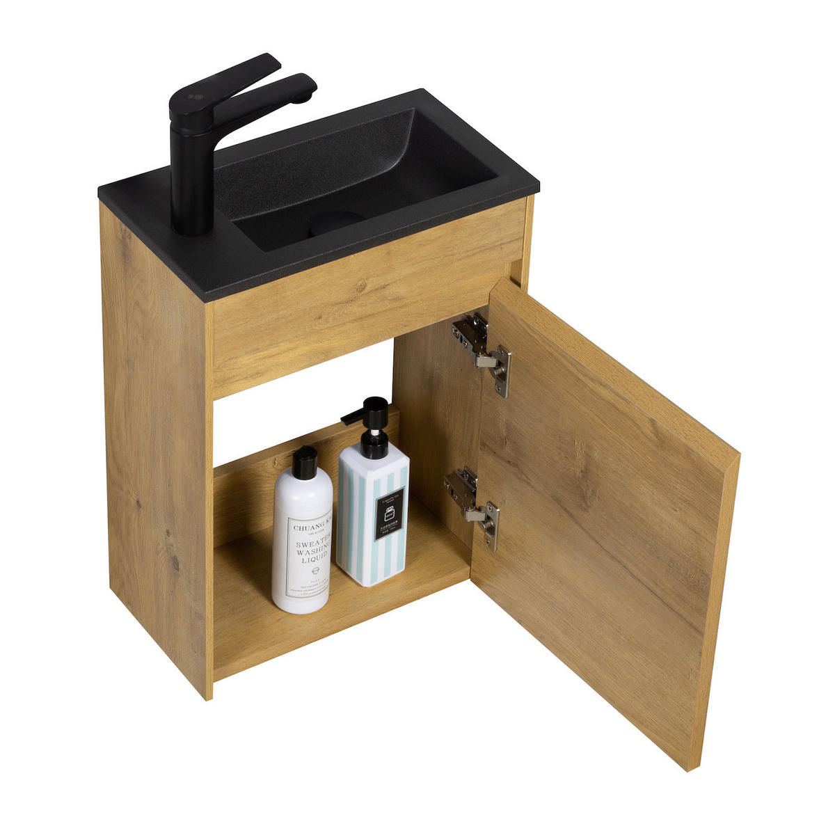 GÄSTE-WC-MÖBELSET Sinta 2 Teile Eiche - Schwarze Waschbecken - 40 x 22 x 54 cm - Eichefarben/Schwarz, Holz (40/54/22cm) - Badplaats