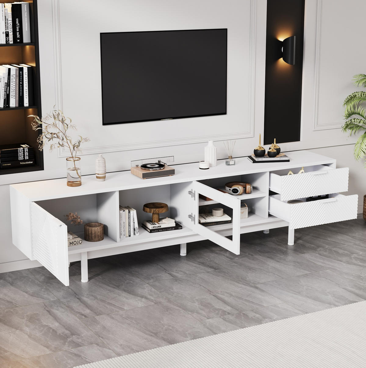 TV-SCHRANK 200/40/50,5 cm weiß Spanplatte mit 2 Türen und 2 Schubladen - Weiß, Holzwerkstoff (200/50.5/40cm) - OKWISH