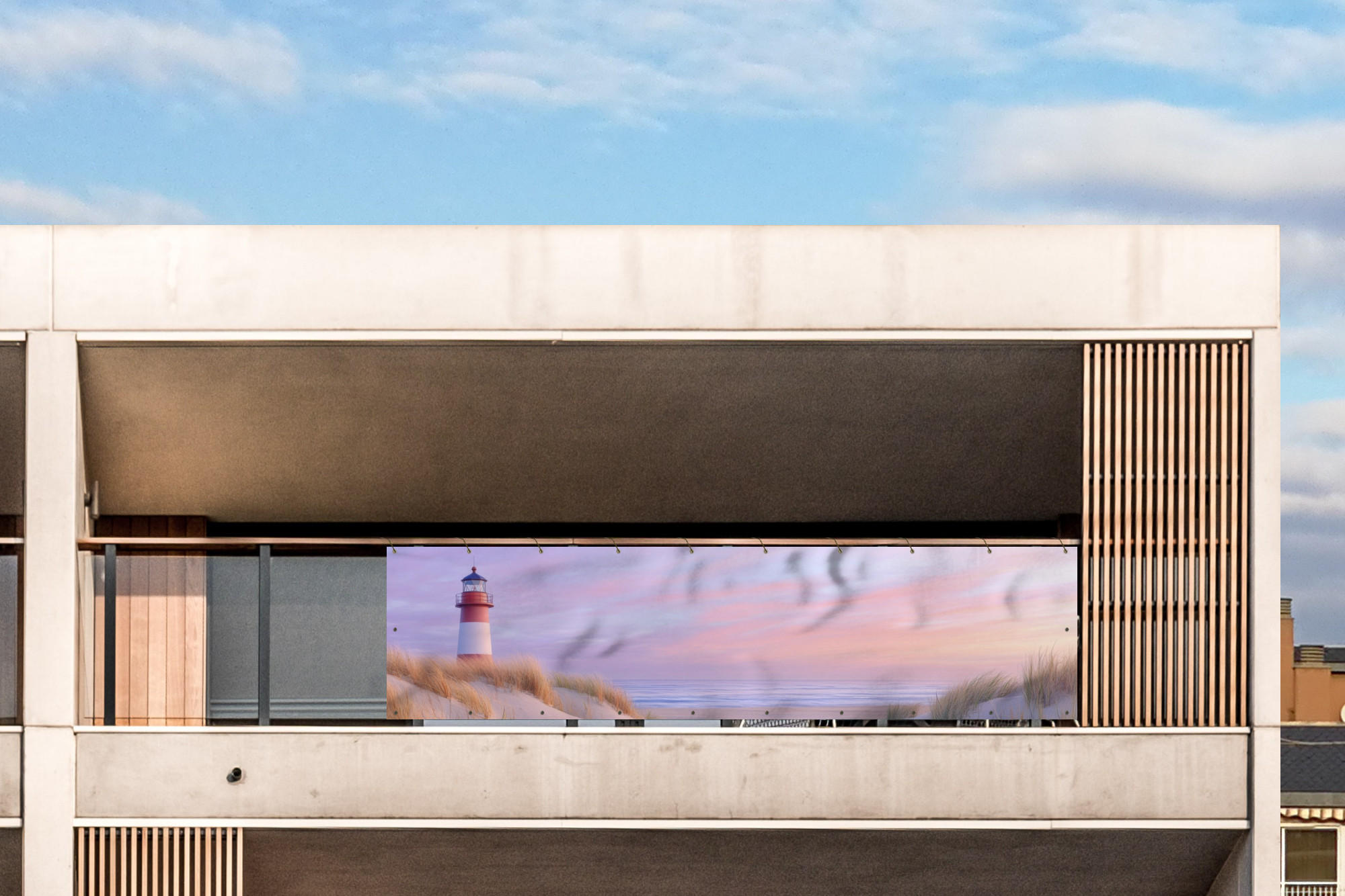 BALKON-SICHTSCHUTZ Leuchtturm - Dünen - Sonnenuntergang 300x75 cm - Hellrosa, Kunststoff (300/75cm) - MuchoWow