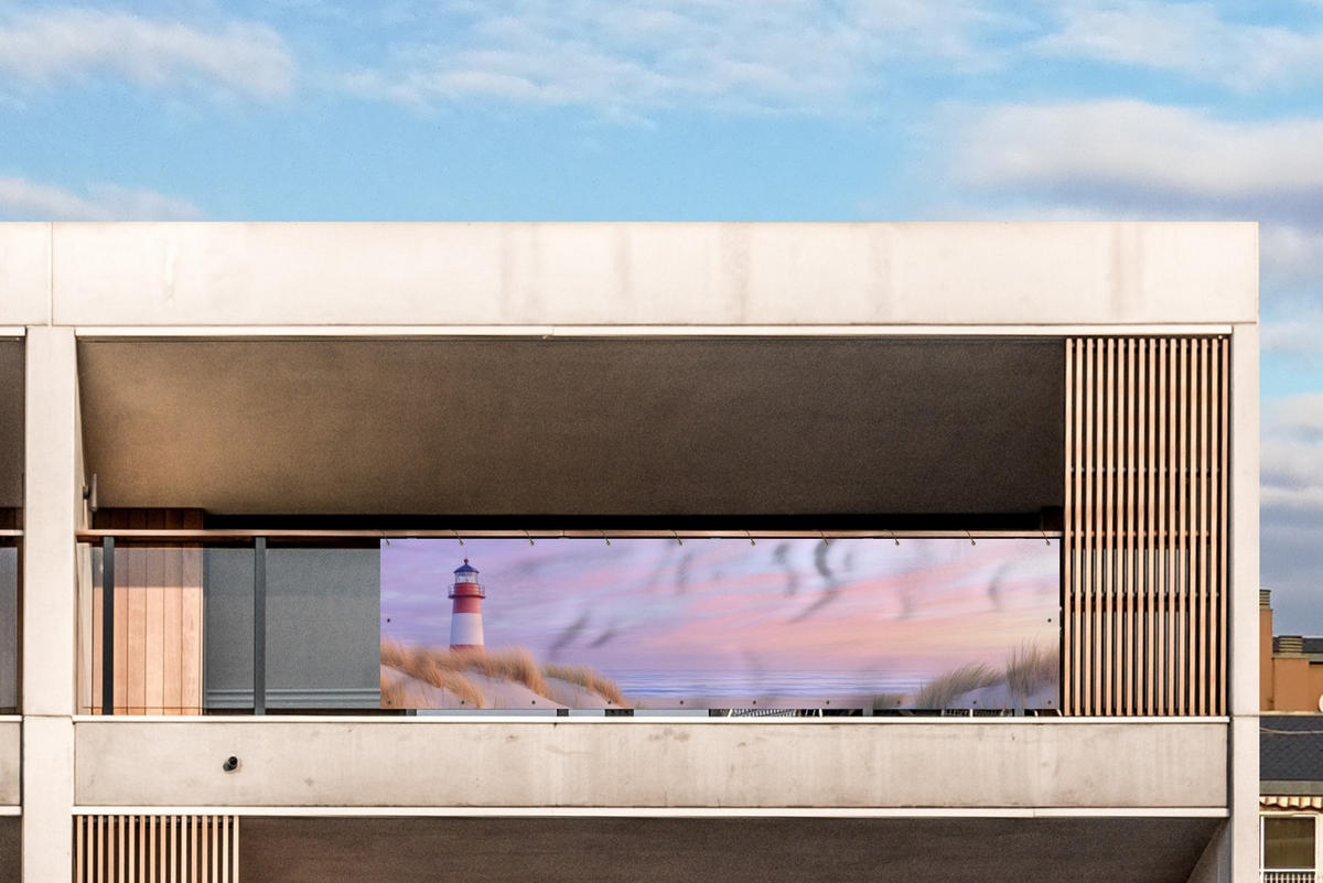 BALKON-SICHTSCHUTZ Leuchtturm - Dünen - Sonnenuntergang 300x85 cm - Hellrosa, Kunststoff (300/85cm) - MuchoWow