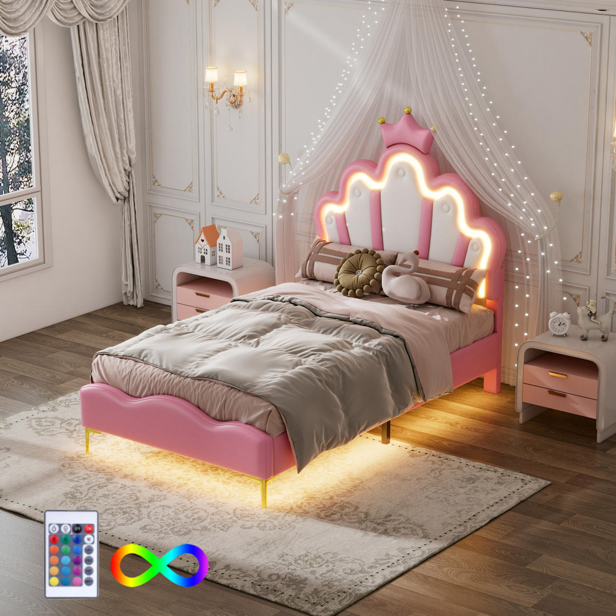 KINDERBETT 90 x 200 cm mit LED-Beleuchtung und höhenverstellbarem Kopfteil,Samtstoff - Rosa, Textil/Metall (90/200cm) - PARAFTA HOME