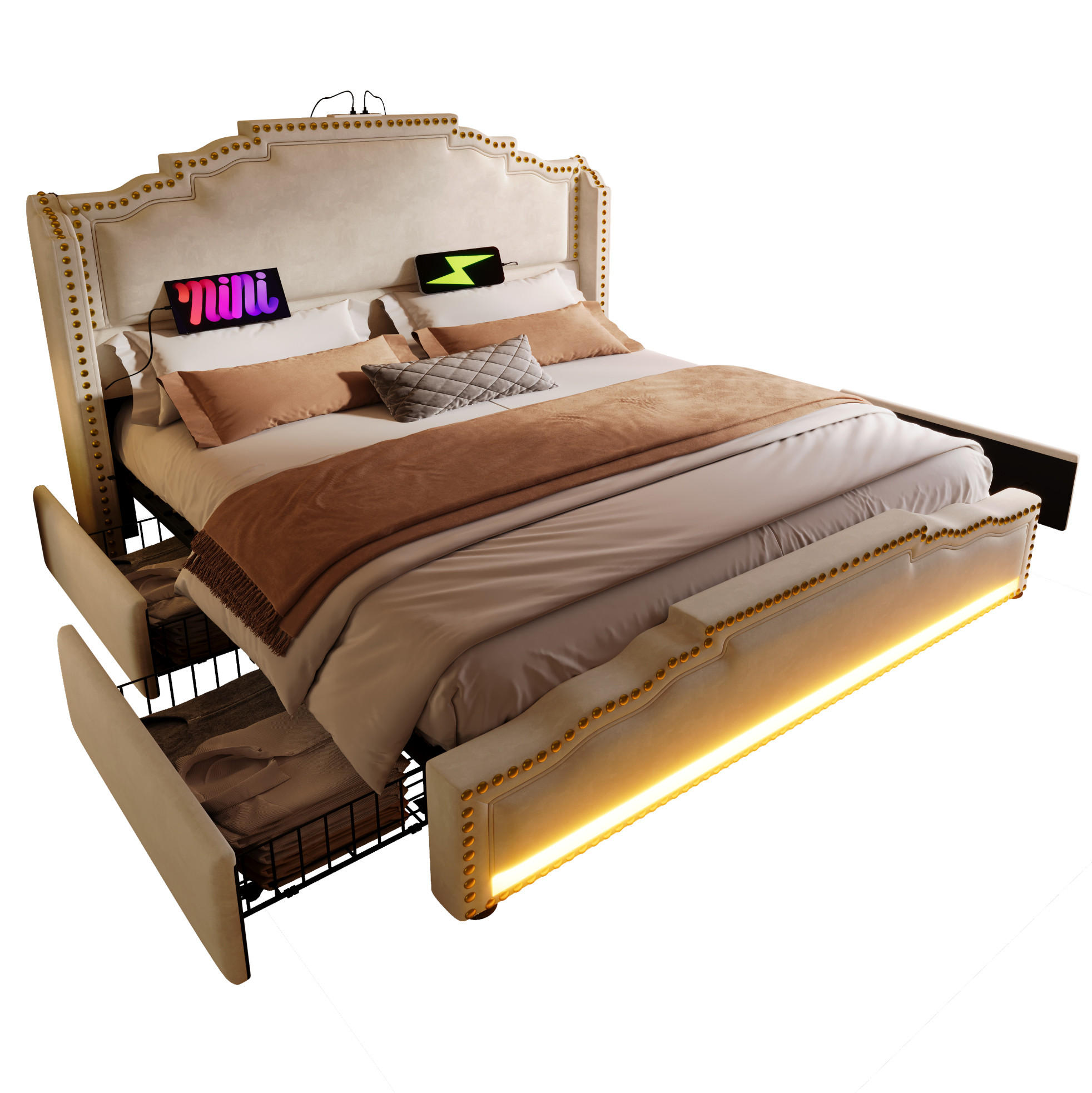POLSTERBETT 180/200 cm mit LED-Beleuchtung, USB- und Type-C-Anschluss, 4 Schubladen und Lattenrost, Beige - Beige, Textil (180/200cm) - Redom