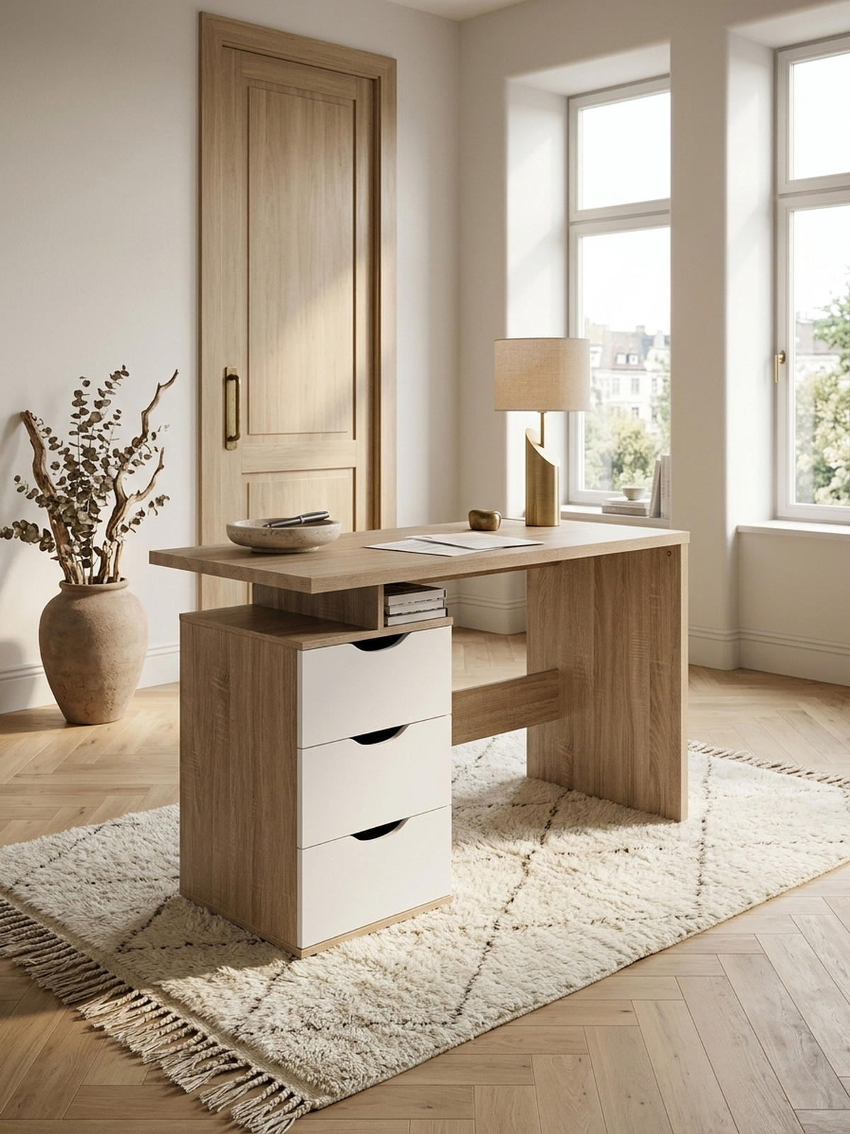 SCHREIBTISCH – Sonoma Weiß, 120x76x53 cm, 3 Schubladen, stilvoll - Beige, Holz (53/120/76cm) - KADIMA DESIGN