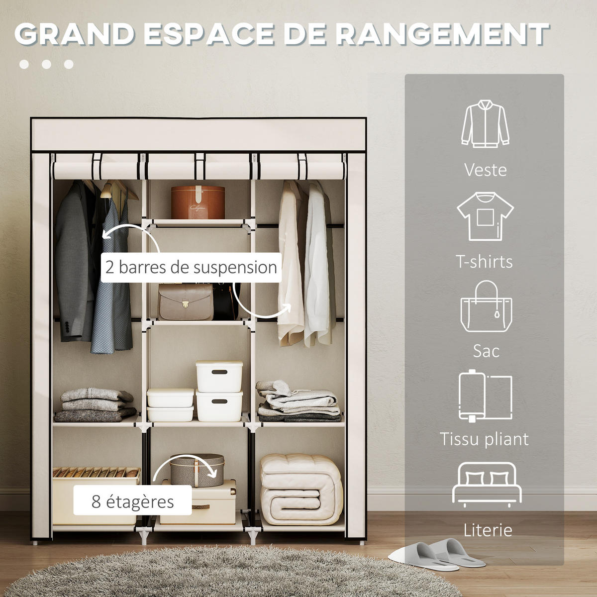 STOFFSCHRANK DE-17214 8 Böden & 2 Kleiderstangen Creme - Creme, Metall (43/162.5/125cm) - ComfortXL