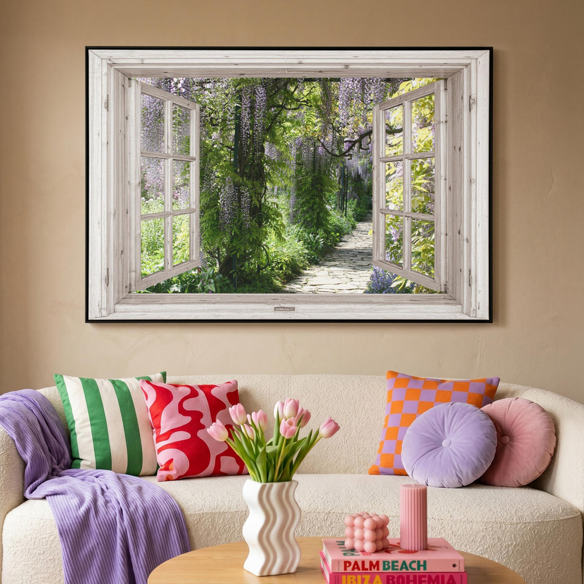 LEINWAND Bilder mit Rahmen - Blauer Regen - Blumen - Aussicht - Baum - Frühling - 150x100 - Grün, Textil (150/100cm) - MuchoWow