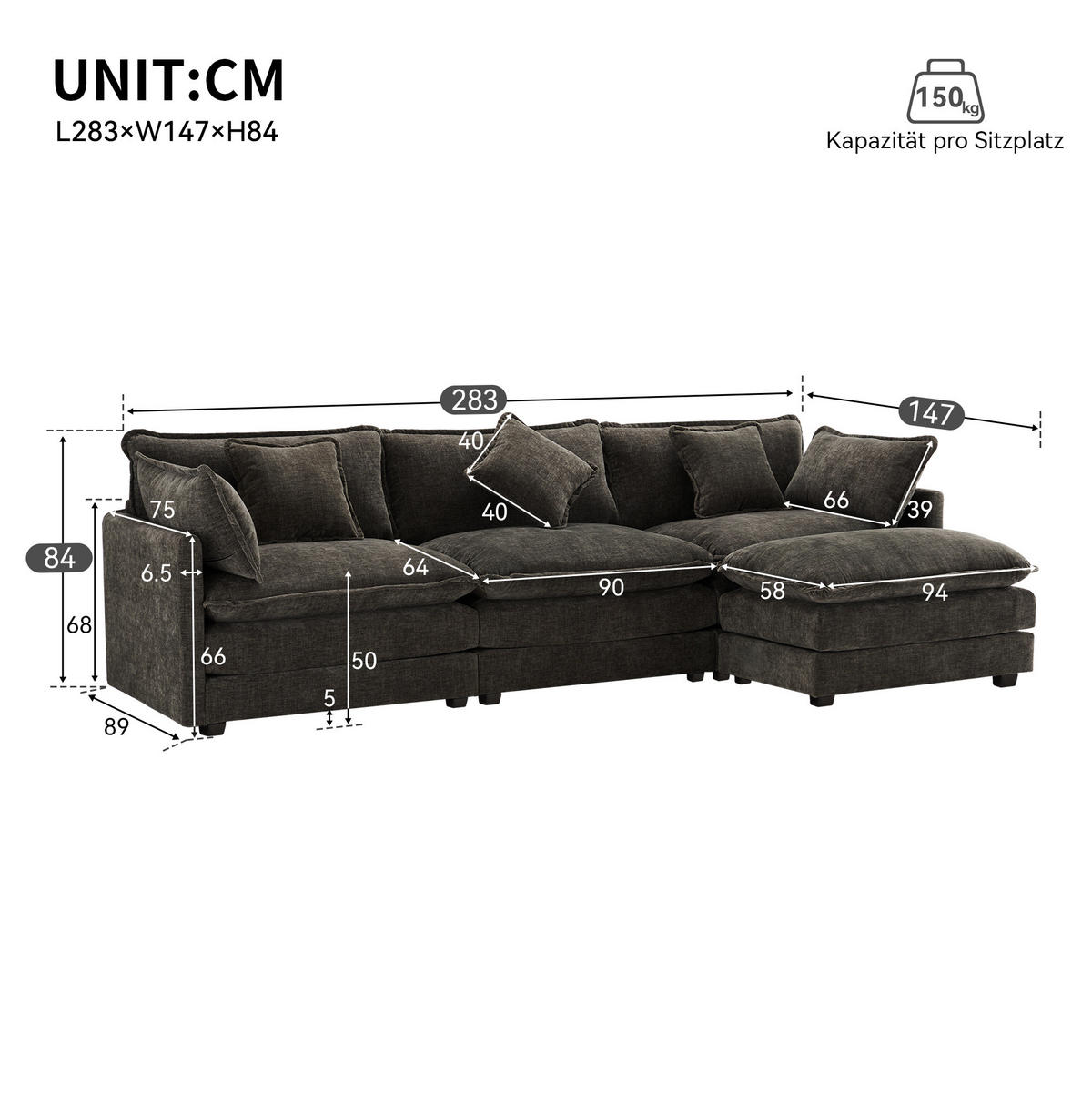 ECKSOFA 283/147/84 cm dunkelgrau aus Chenille mit Hocker - Dunkelgrau, Textil (147/84/283cm) - OKWISH
