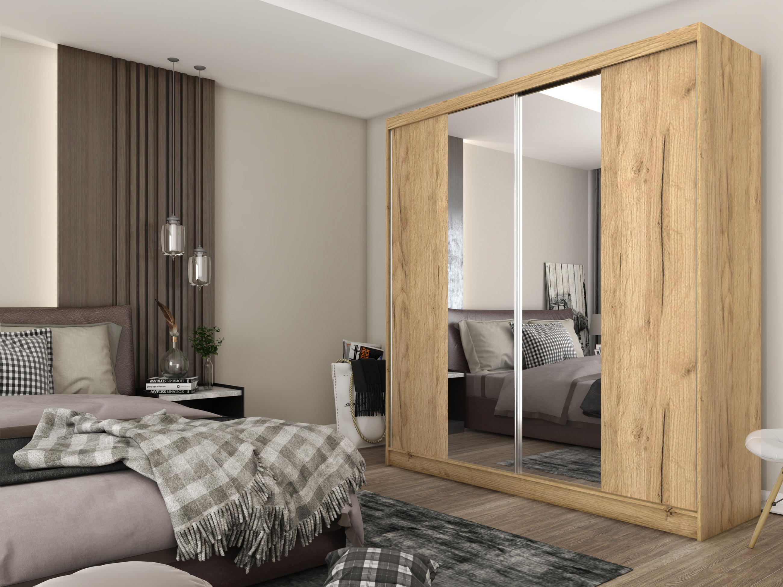 SCHWEBETÜRENSCHRANK LUCENZA 200/216/61 cm 2-türig mit Spiegel Eiche Artisan - Eiche Artisan, Holzwerkstoff (200/216/61cm) - MASSENO