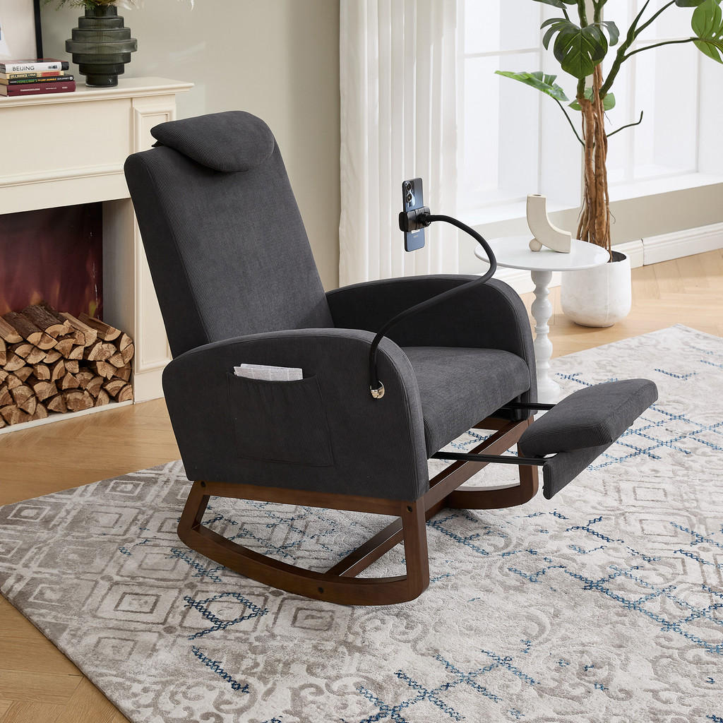 Thumbnail - Komhtom Schaukelstuhl, Dunkelgrau, Textil, Mode, 1-Sitzer, 88x99x65 cm, Wohnzimmer, Sessel, Schaukelstühle