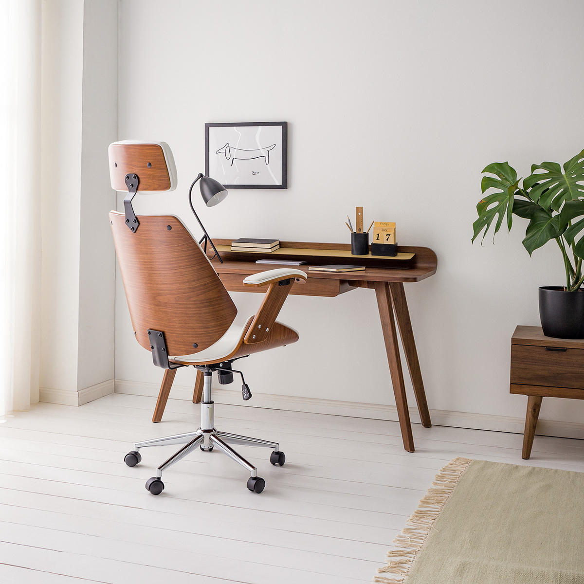 BÜRODREHSTUHL - Kunstleder / Stahl - Walnussfarben/Weiß, Holzwerkstoff/Kunststoff (66/121/71cm) - home24