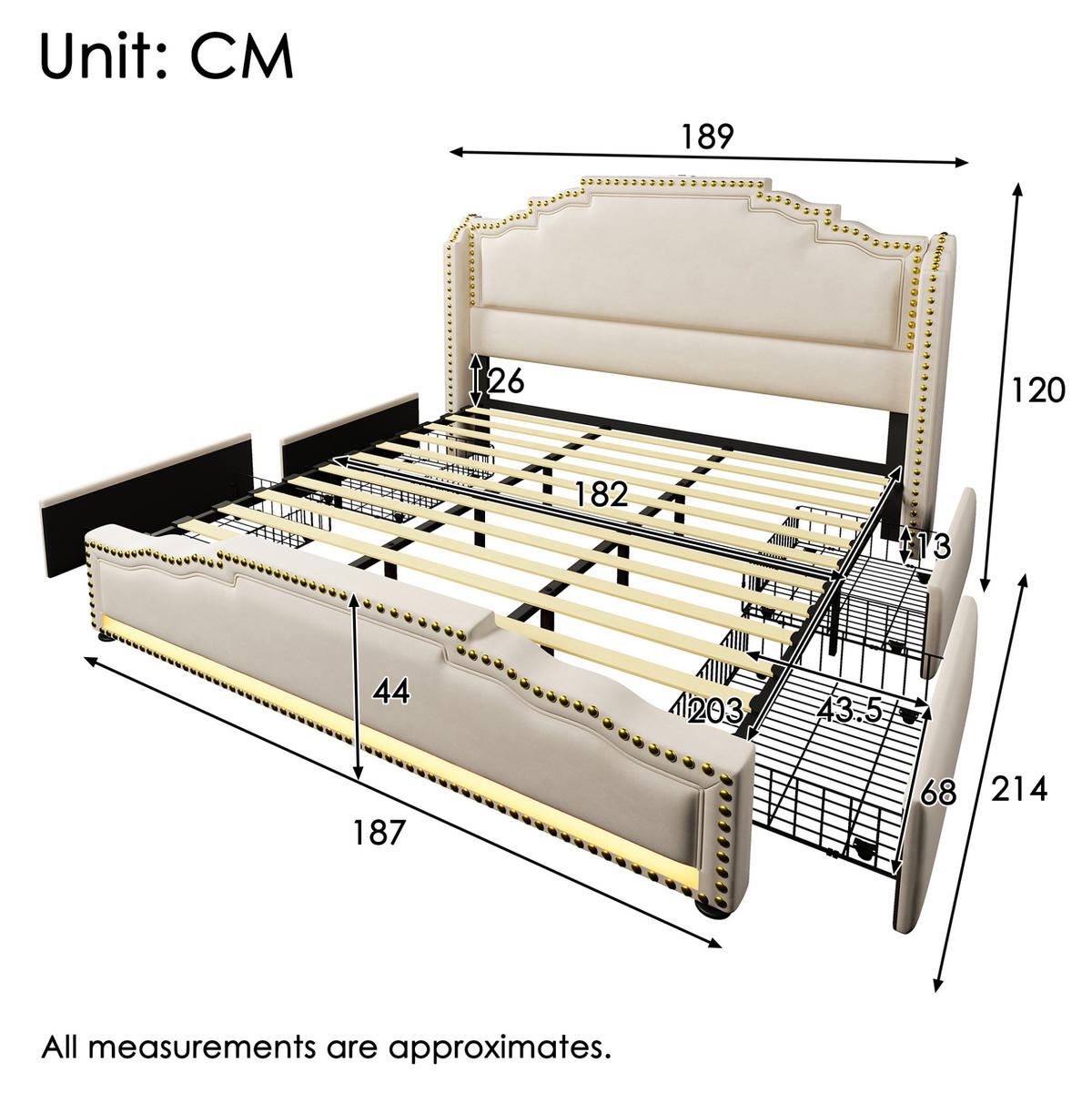 BETT mit 4 Schubladen 180x200 cm Samt Beige mit LED und USB-C - Beige, Metall (180/200cm) - Meubliv