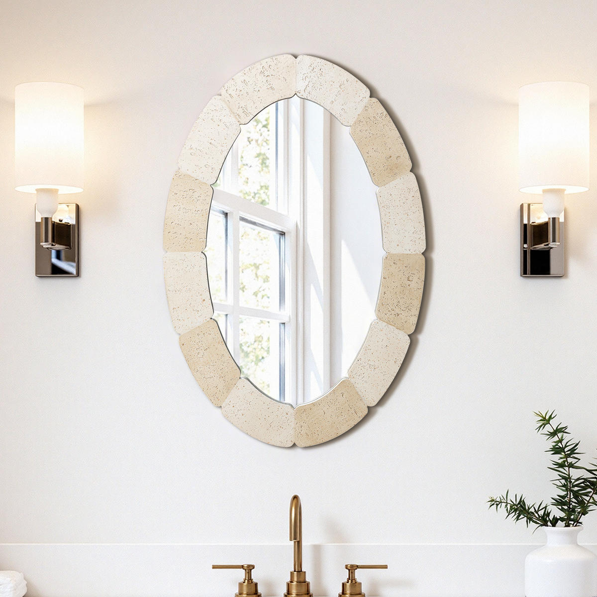 78CM H Ovaler Wandspiegel mit Polyharzrahmen Geeignet für Badezimmer, Wohnzimmer, Schlafzimmer usw. Moderner Boho-Stil - Beige/Akaziefarben, Glas/Kunststoff (78/3.5/52cm) - Hometopia