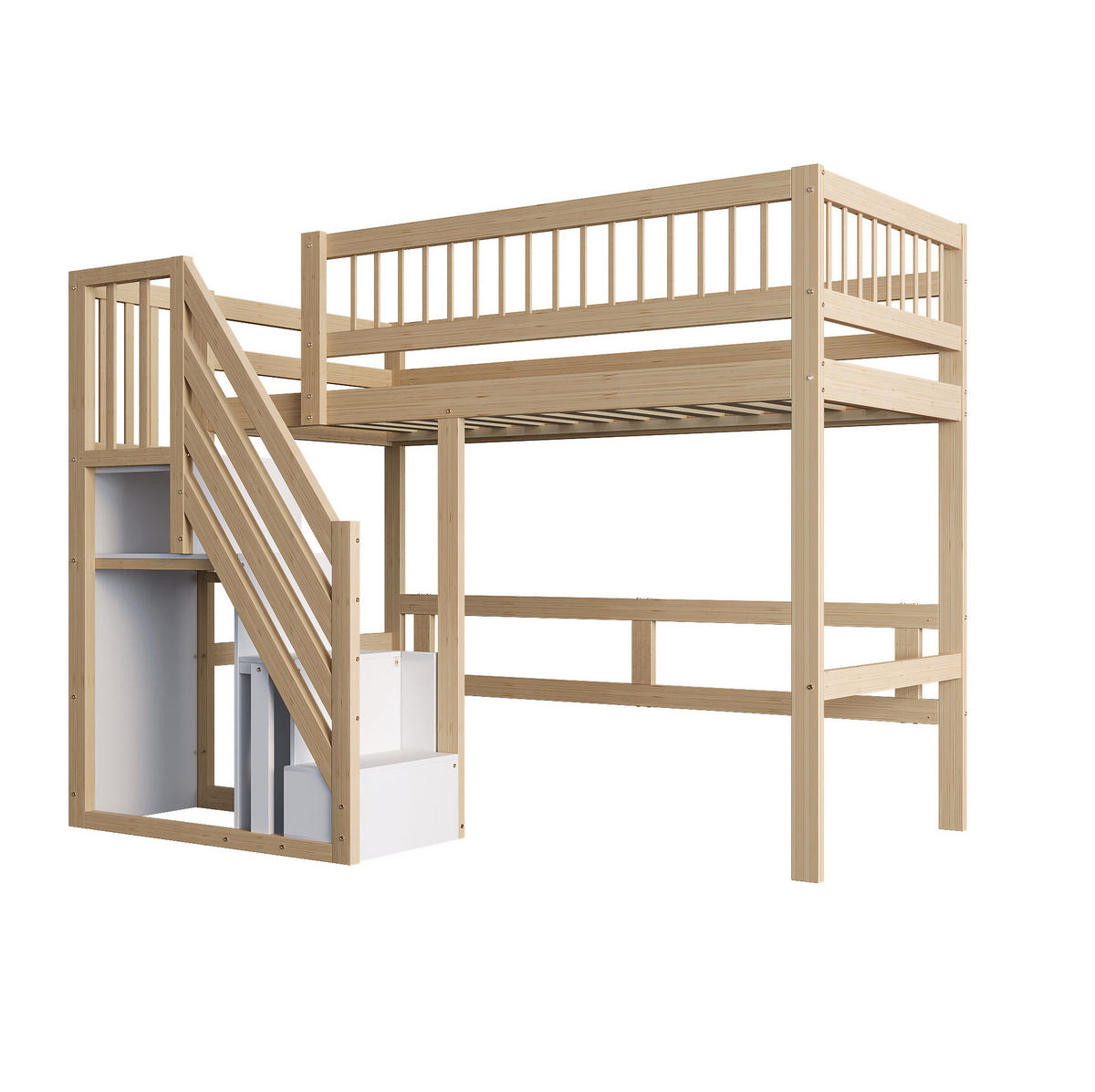 MASSIVHOLZBETT 90/200 cm, Natur mit Stauraumtreppe - Naturfarben, Holz (90/200cm) - MIVRAY
