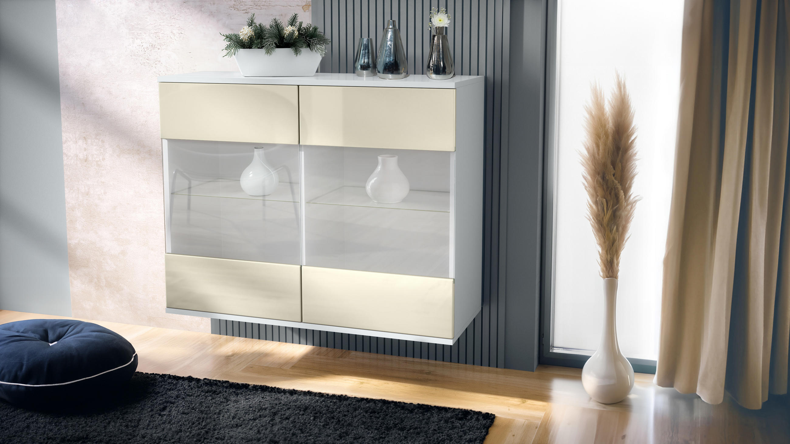 KOMMODE Bari Creme Hochglanz - Creme, Holzwerkstoff (92.5/73.5/35cm) - Vladon