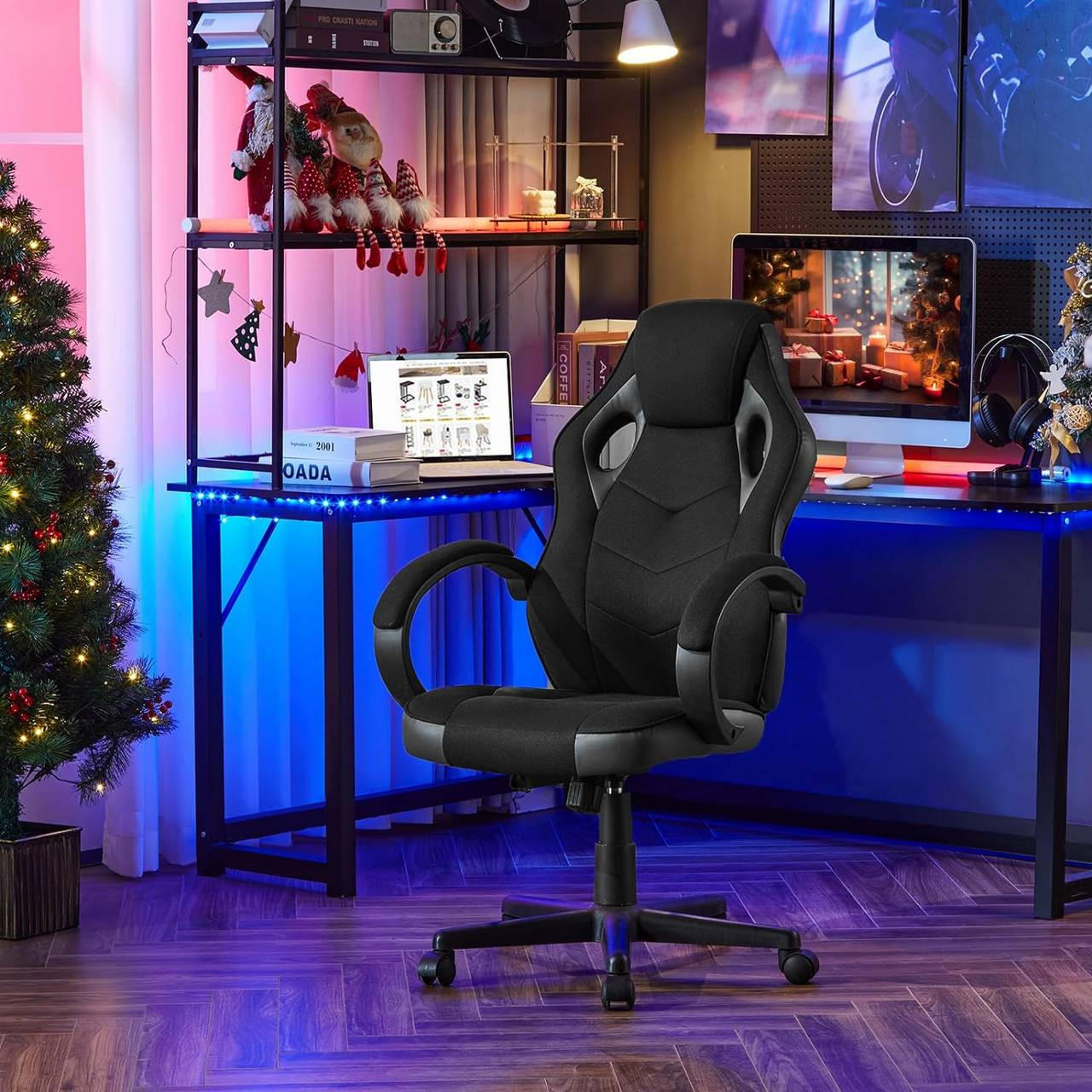 GAMINGSTUHL mit Kopfkissen, Mesh-Gewebe, Grau + Schwarz - Schwarz/Grau, Textil/Metall (62/104/72.5cm) - Woltu
