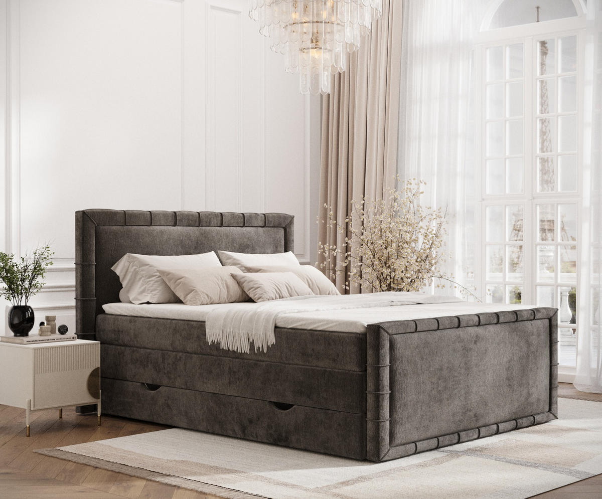 BOXBETT Estelle Braun 140/200 cm im Chenille-Stoff - Schwarz/Braun, Holz/Holzwerkstoff (140/200cm) - Maison de Reve