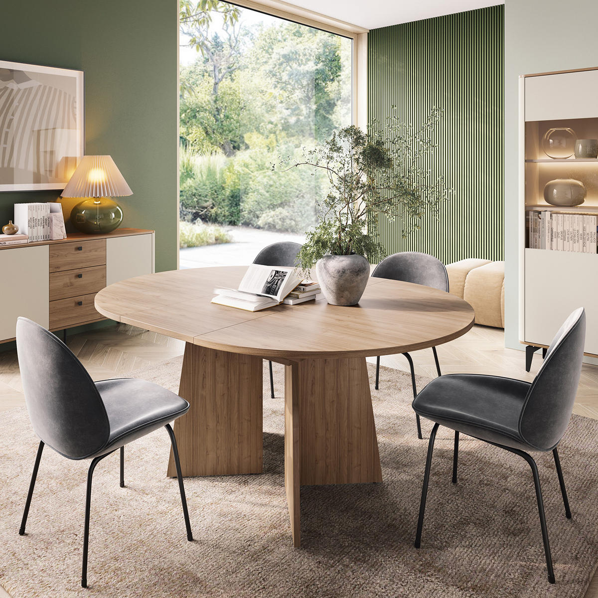 VITRINE Aurora Glasschrank mit Metallbeine, mit LED-Beleuchtung, Nussbaum+Kaschmir - Kaschmir/Nussbaumfarben, Holzwerkstoff/Metall (88/190/40cm) - Beautysofa