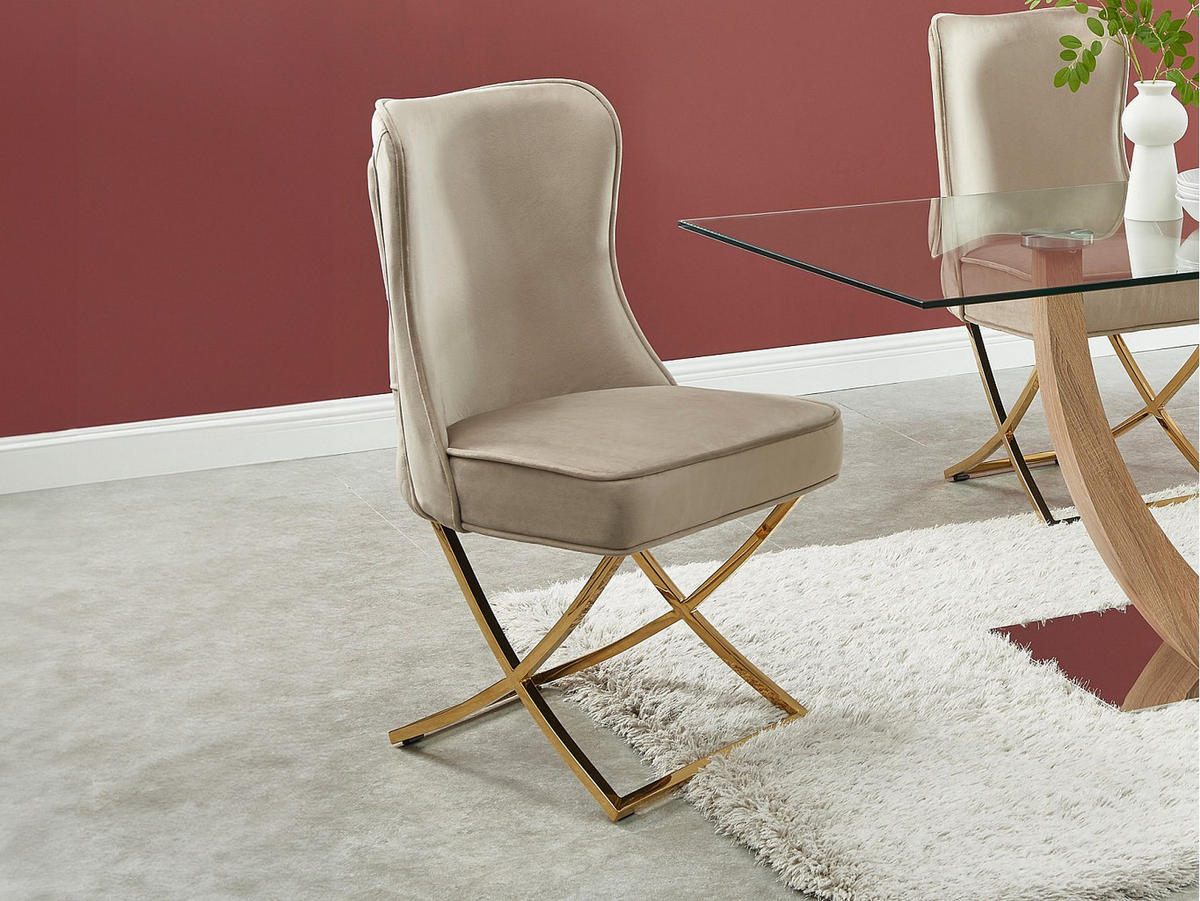 STUHL 6er-Set - Samt & goldfarbener Edelstahl - Beige - MARELANO - Beige, Textil (53.5/101/64.5cm) - Vente-Unique