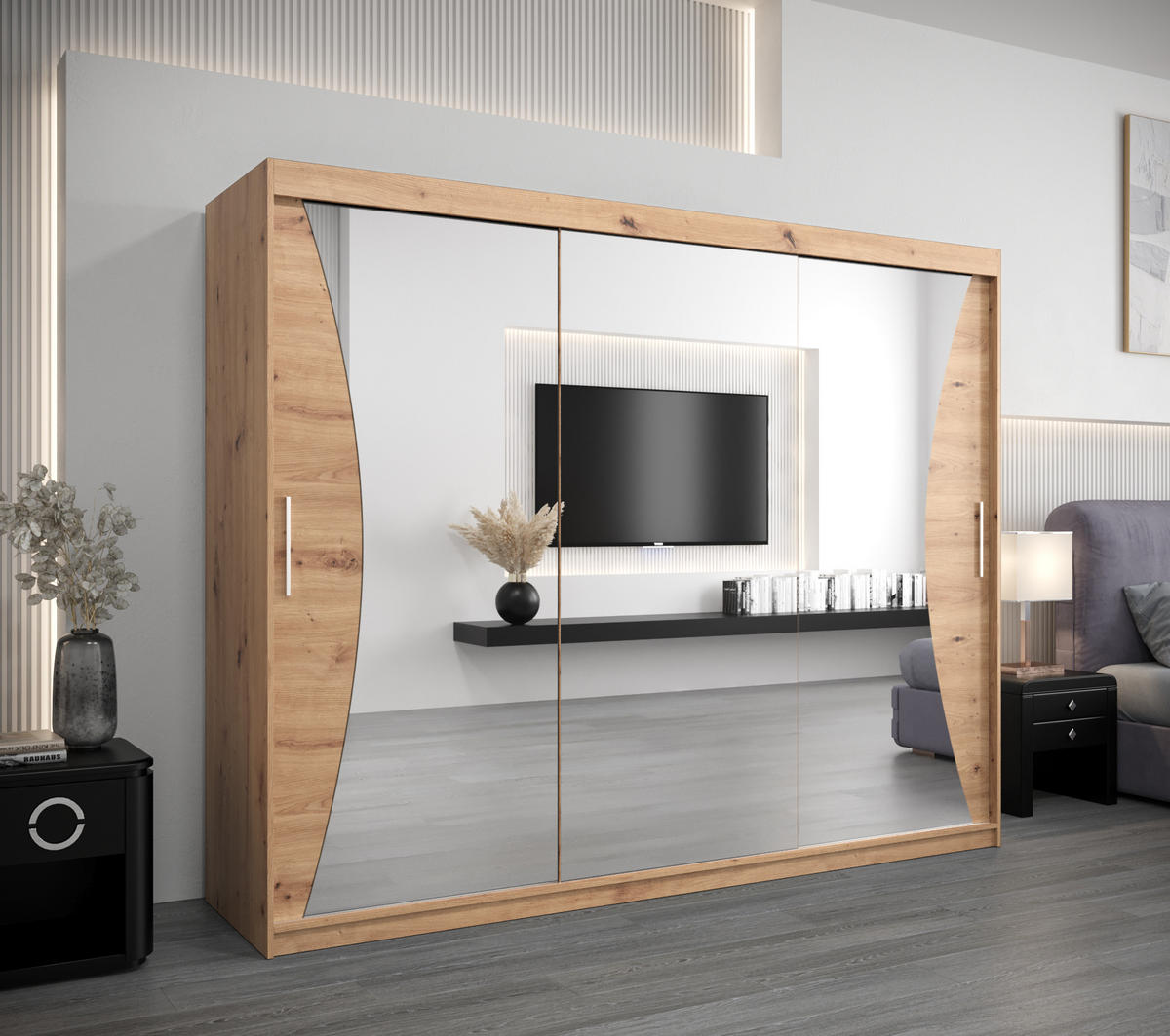 SCHWEBETÜRENSCHRANK 200/250/62 3-türig - Silberfarben/Eiche Artisan, Holz/Kunststoff (250/200/62cm) - Abiks Möbel
