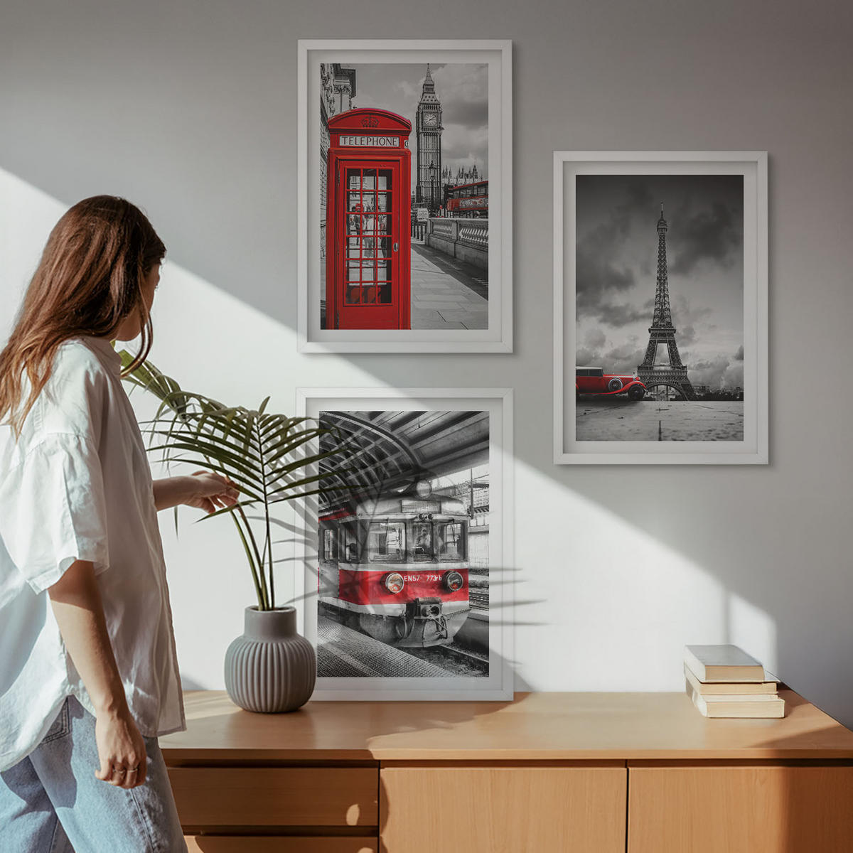 BILDER SET 3er Set - 40x60 cm Weißer Rahmen - Ikonen London Paris Verkehr - Weiß, Kunststoff (40/60cm) - TULUP