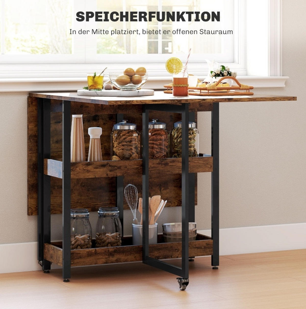 KLAPPTISCH 133,4/80/75 cm mit Ablagen und Rollen – platzsparend für 2–4 Personen - Braun, Holz (133.4/80/75cm) - BEAOK