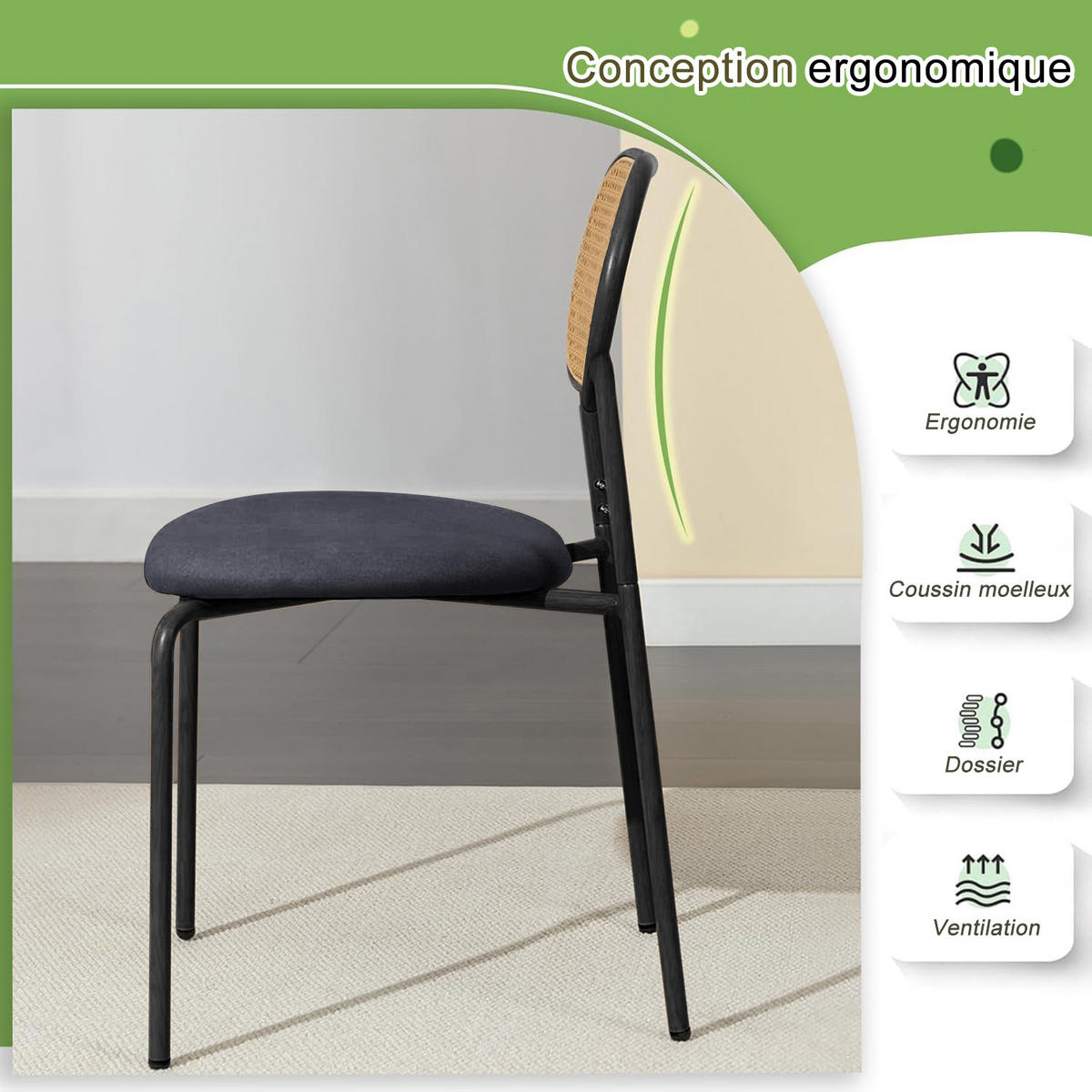 ESSZIMMERSTUHL 2er Set Rattan Metall schwarz - Schwarz, Holz (48/80.5/44.5cm) - LEBENLANG