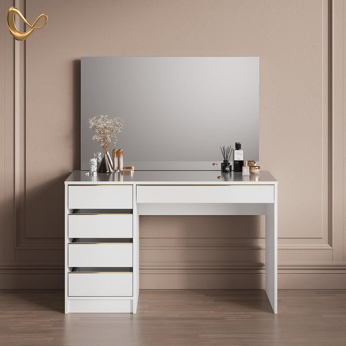 SCHMINKTISCH Imola Weiß/Gold 120 cm mit Spiegel - Goldfarben/Weiß, Holzwerkstoff (120/75/55cm) - Livinity®