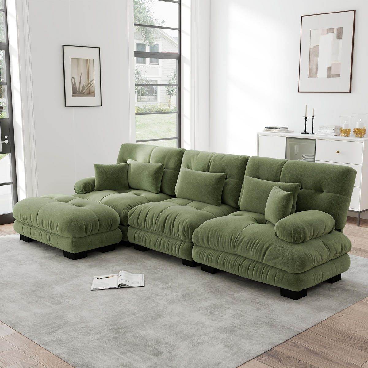 ECKSOFA Chenille Grün mit Ottomane und Kissen - Grün, Textil (313/145cm) - WISHDOR