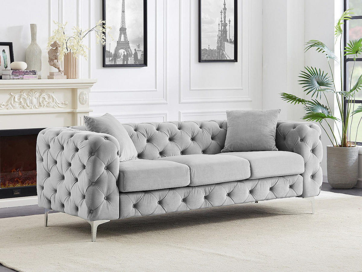 CHESTERFIELD-SOFA 3-Sitzer - Hellgrau - Samt - EDWINA - Hellgrau, Textil (220/76/91cm) - Vente-Unique