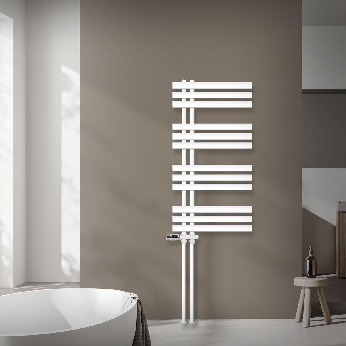 KOUPELNOVÝ radiátor Iron EM 500 × 1000 mm, bílý, s ventilem s průchodem - bílá, kov (50/100/3cm) - LuxeBath
