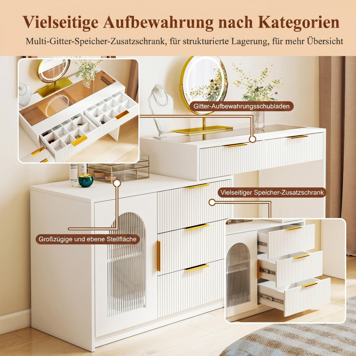 SCHMINKTISCH 90-160/40/75cm,ausziehbarer Frisiertisch mit LED Spiegel,Weiß - Weiß, Metall (160/75/40cm) - LVHOM