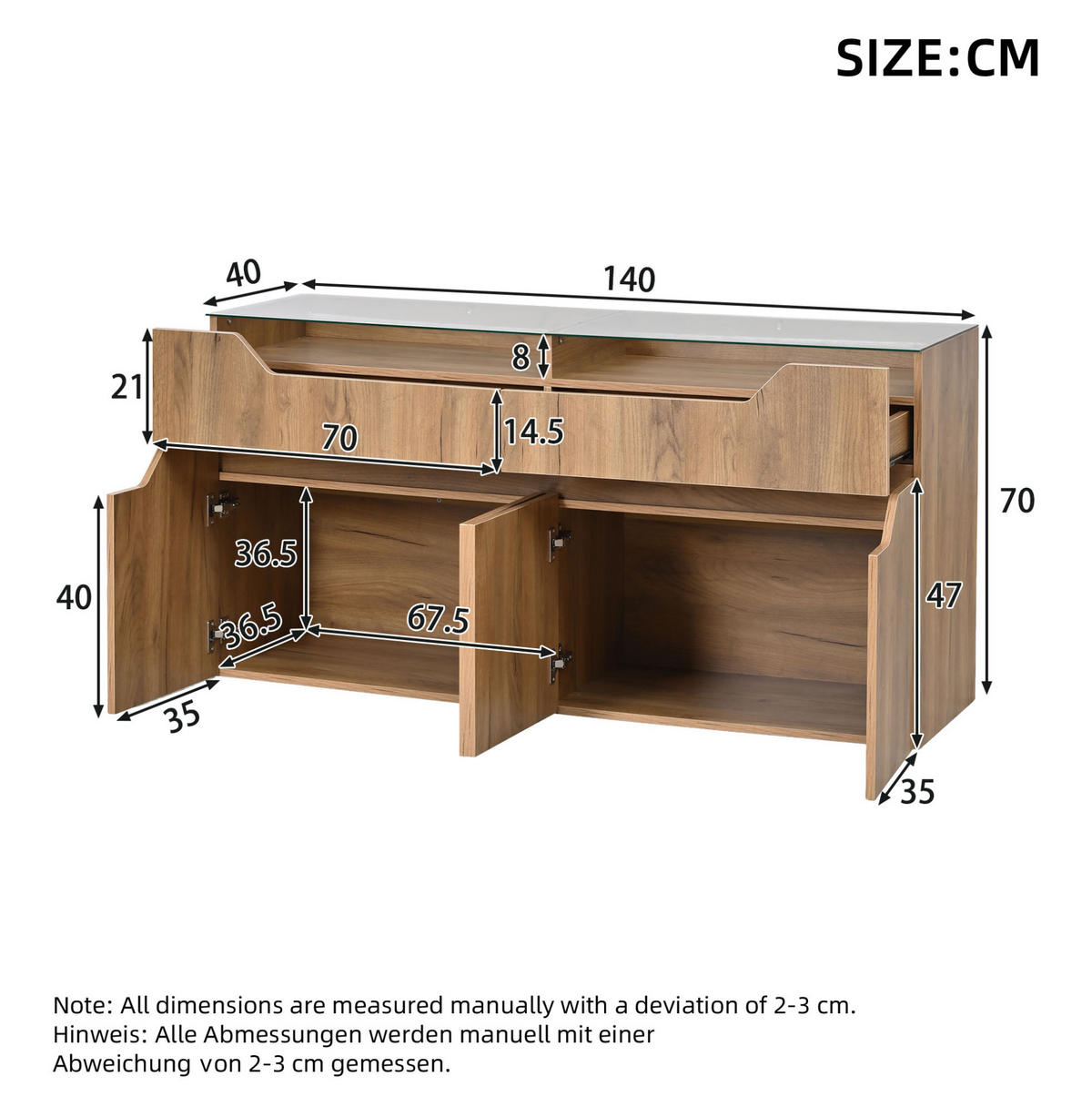 SIDEBOARD 140/40/70 cm natur aus MDF mit Glasplatte und 2 Schubladen - Naturfarben, Holzwerkstoff (140/70/40cm) - OKWISH