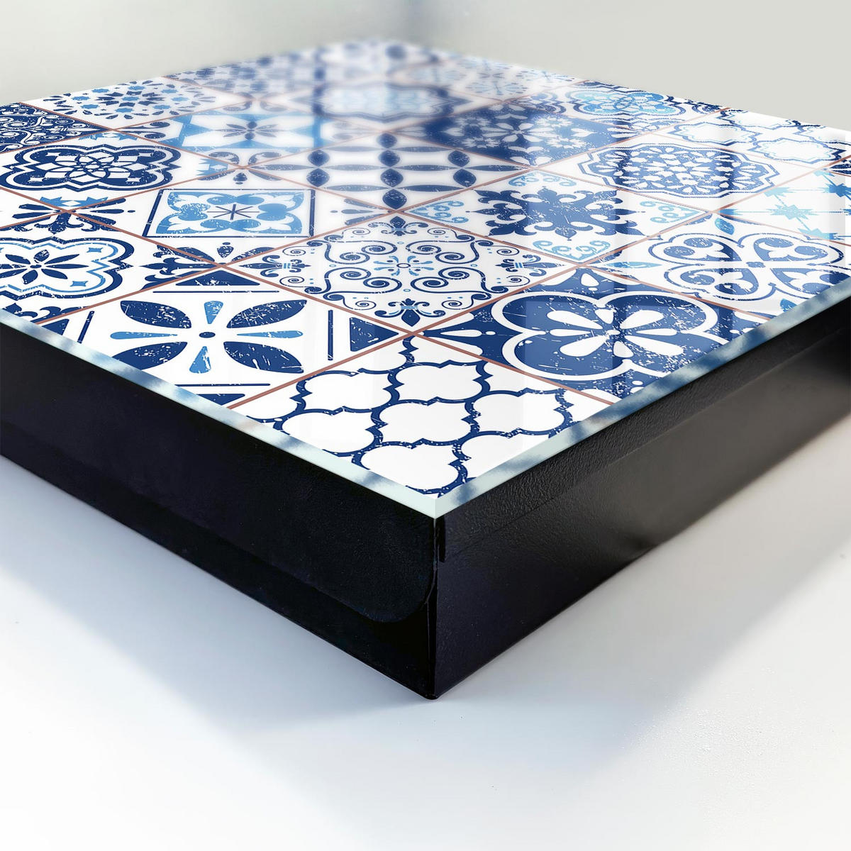 SCHLÜSSELBOX Schwarz 30x30 cm- Türöffnung nach rechts - Blaue Fliesen - Blau, Metall (30/30/5cm) - TULUP