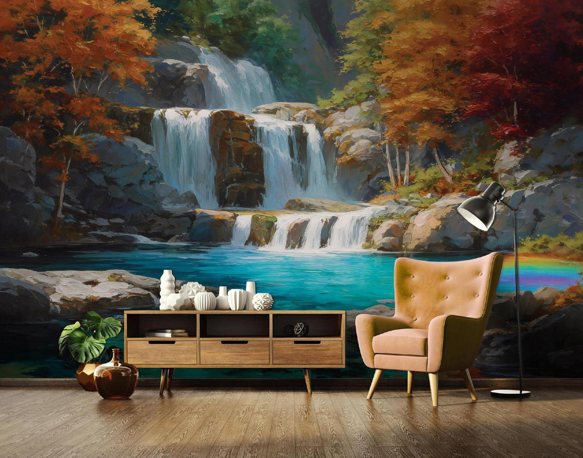 FOTOTAPETE Wasserfall Wald Blau 400x280 cm - Multicolor, Papier (400/280cm) - Wallarena