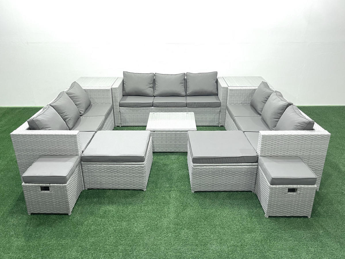 GARTENMÖBELSET mit 3-SITZER SOFA,COUCHTISCH Polyrattan Hellgrau-Mix 13-Sitzer - Hellgrau/Grau, Glas/Kunststoff - Fimous