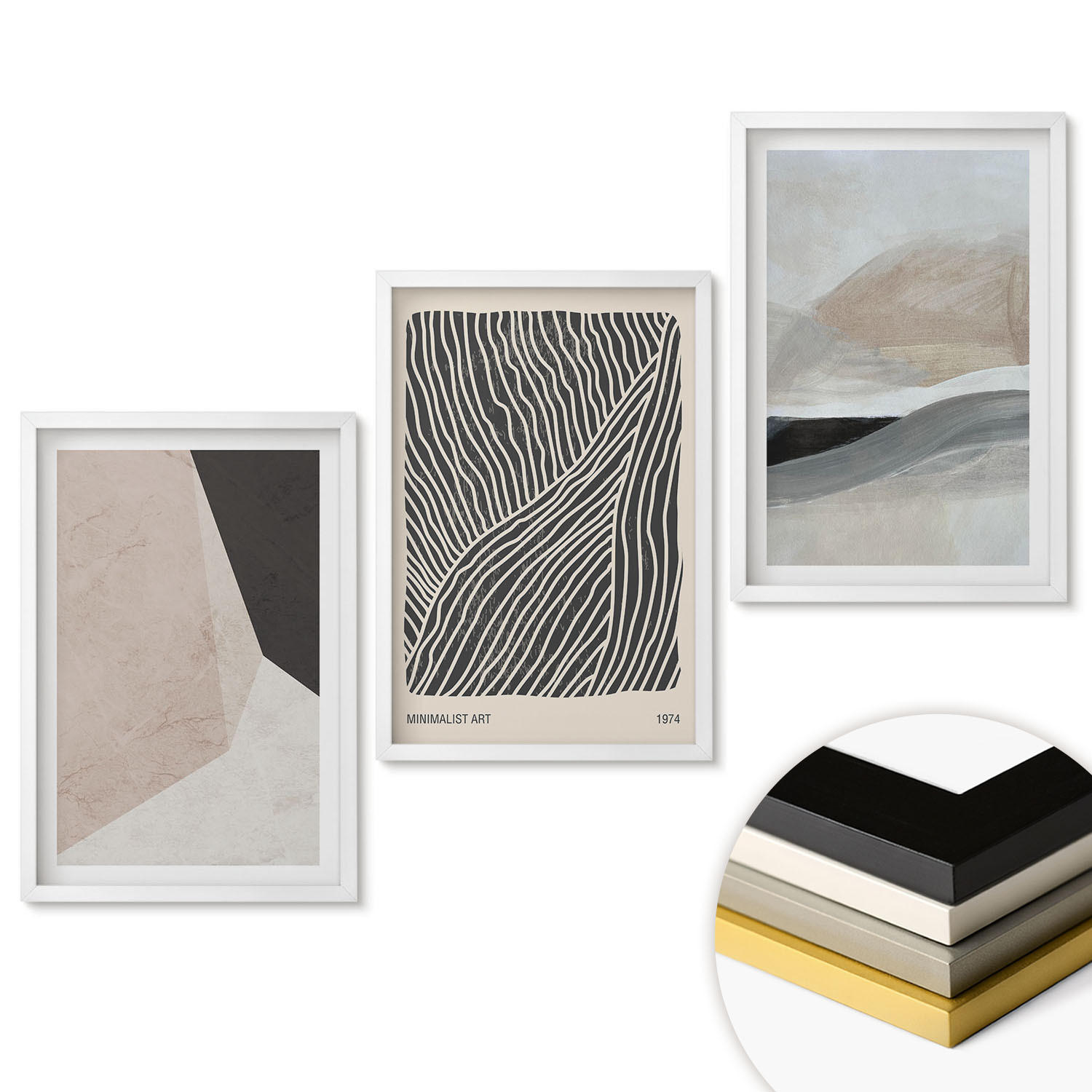 WANDBILDER 3er-Set - 40x60 cm Weißer Rahmen - Abstrakte Muster in Beige und Grau - Weiß, Kunststoff (40/60cm) - ArtPrintCave