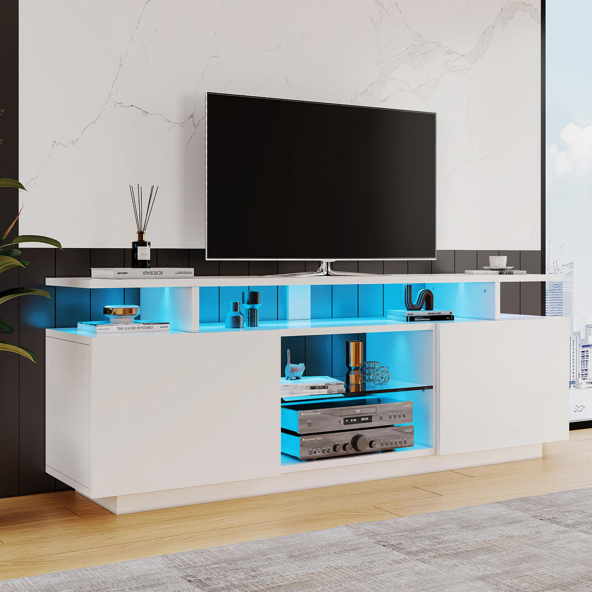 TV-SCHRANK 140/35/55 cm in Weiß aus Spanplatte mit LED-Beleuchtung und Glasfächern - Naturfarben/Weiß, Glas/Holzwerkstoff (140/55/35cm) - CHICFURN