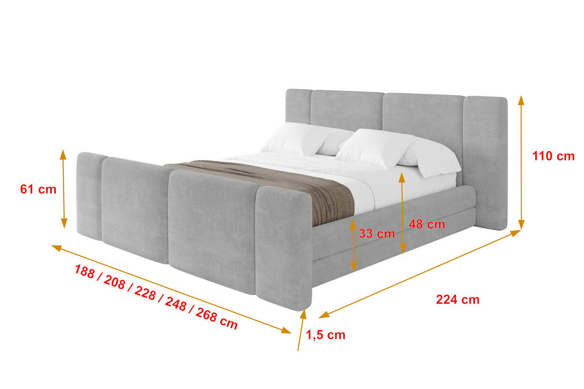 POLSTERBETT mit Bettkasten, Fußteil und Lattenrost, Bett mit Matratze H3/H4 - TEVO-Z 140x200 Grau - Hellgrau, Holzwerkstoff/Textil (140/200cm) - ALTDECOR