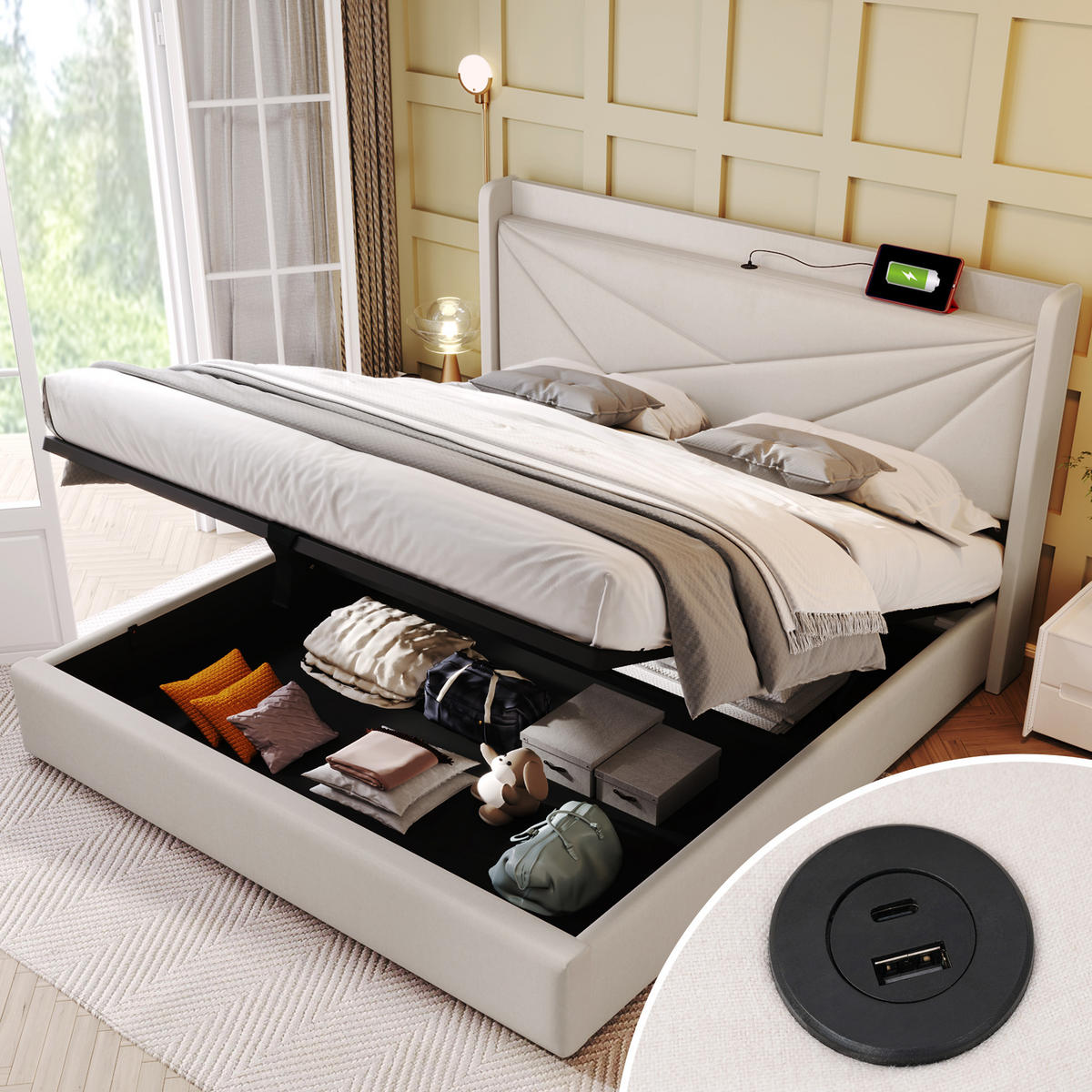 POLSTERBETT 160/200 cm in Beige mit Bettkasten, USB und Type-C Stoff mit geometrischem Kopfteil - Beige, Holzwerkstoff/Textil (160/200cm) - STILVORA