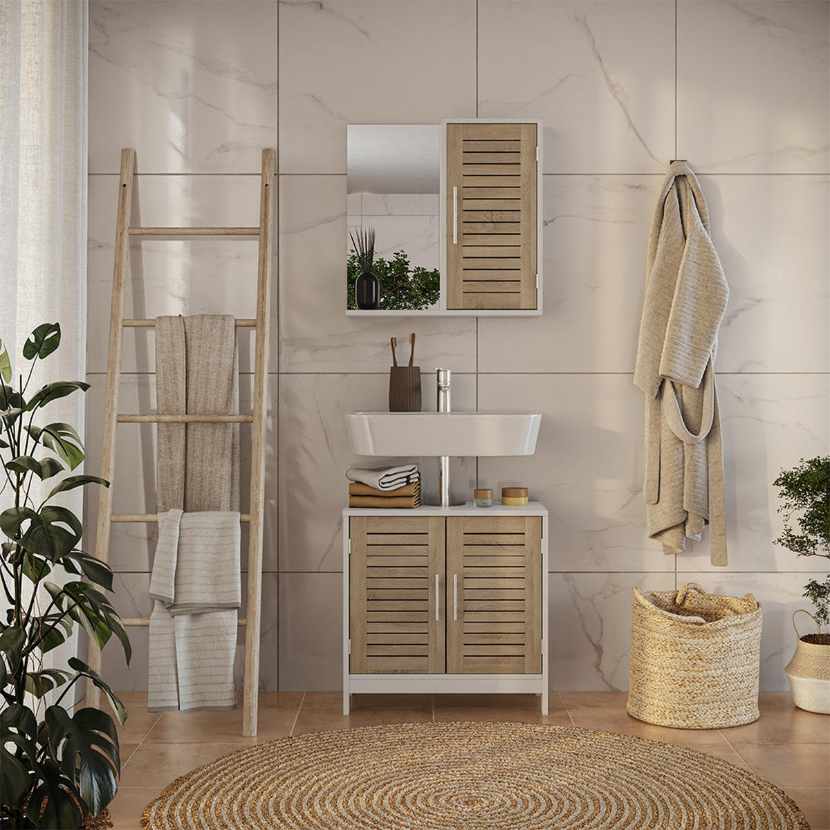 BADMÖBEL-SET Looma Weiß/Eiche 2 Teile - Weiß, Holzwerkstoff (60/60/29.6cm) - Vicco