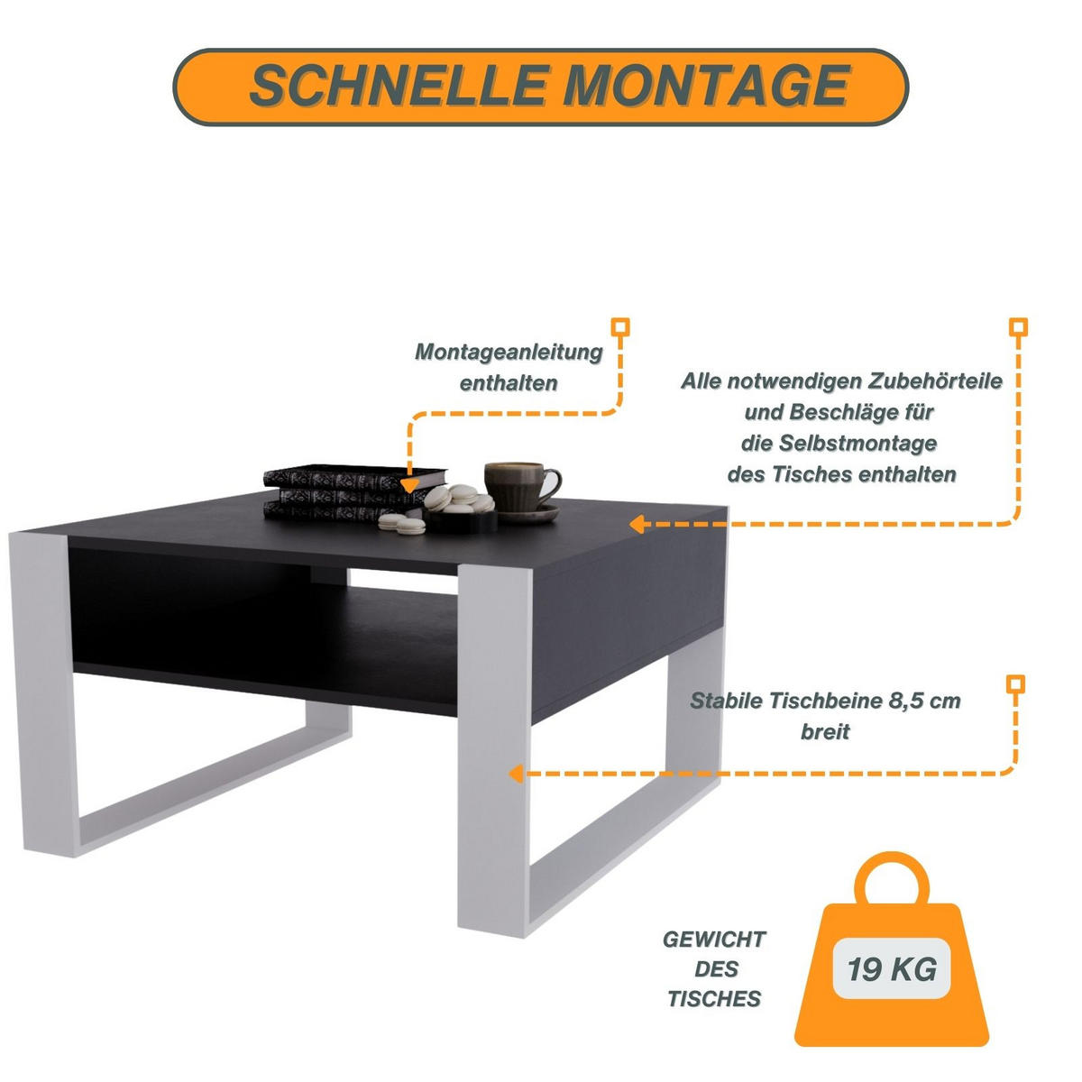 COUCHTISCH Holzwerkstoff rechteckig stabil Schwarz 45/71.5/68cm - Schwarz/Weiß, Holzwerkstoff (71.5/68/45cm) - CraftPAK