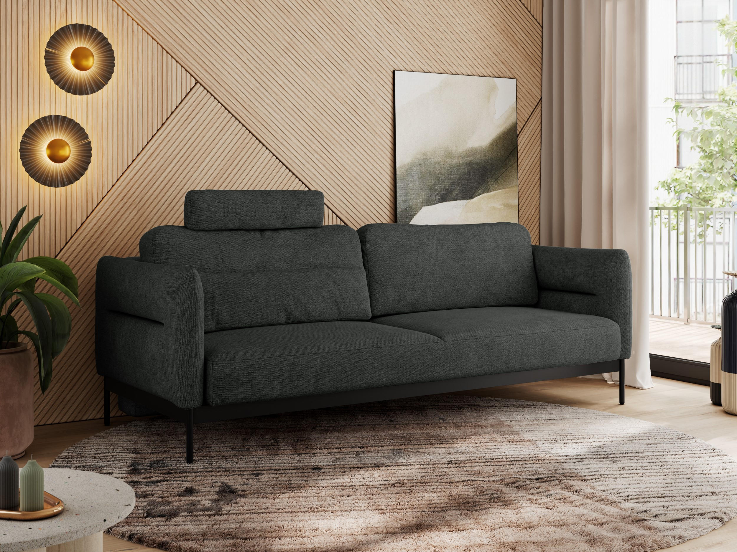 SOFA SALENTO Dunkelgrau Struktur - Dunkelgrau/Schwarz, Textil/Metall (221/82/101cm) - MKS