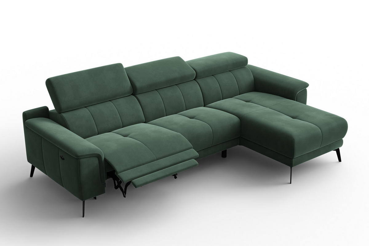 ECKSOFA FIERO 4-Sitzer RECHTS, Grüner Veloursstoff - Schwarz/Grün, Holz/Textil (288/170cm) - Courtois Laville