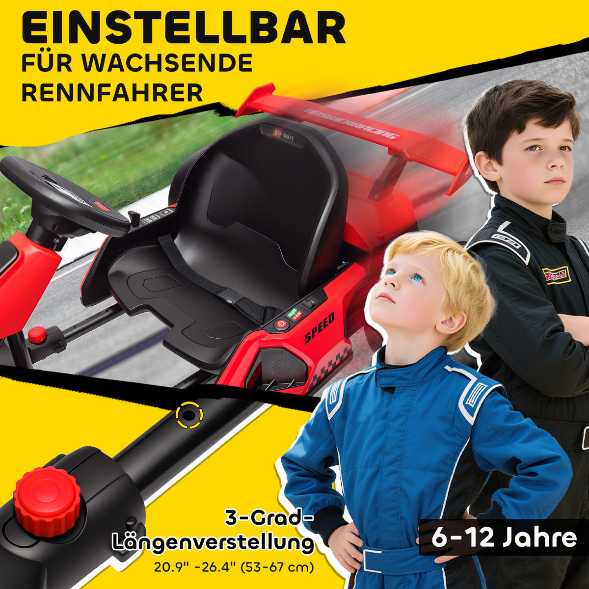 GO-KART DE-06216 Elektro-Kart mit Hupe und Musik Rot - Rot/Schwarz, Kunststoff/Metall (120/76/53.5cm) - ComfortXL
