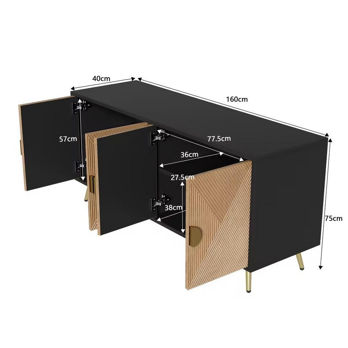 SIDEBOARD 160/40/75 cm Schwarz/Holzfarben aus MDF und Holzwerkstoff mit Soft-Close-Scharnieren - Schwarz, Holzwerkstoff (40/75/160cm) - OKMYHOME
