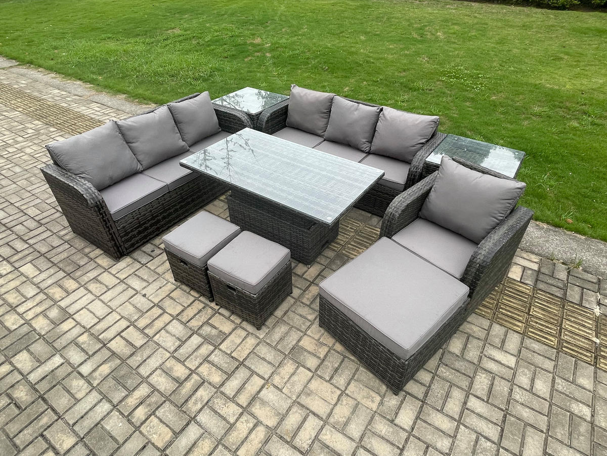 GARTENMÖBELSET mit 3 Hocker Höhenverstellbarer Esstisch 10-Sitzer Grau - Dunkelgrau/Grau, Glas/Kunststoff - Fimous