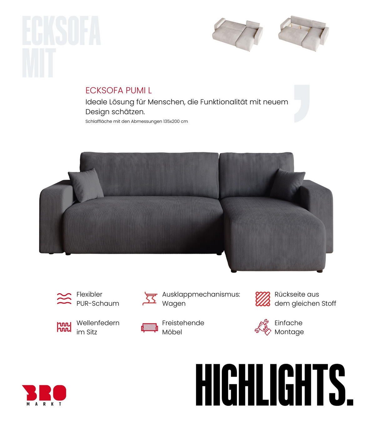 ECKSOFA PUMI mit Schlaffunktion Grau Cord - Grau, Textil (244/148cm) - Bromarkt