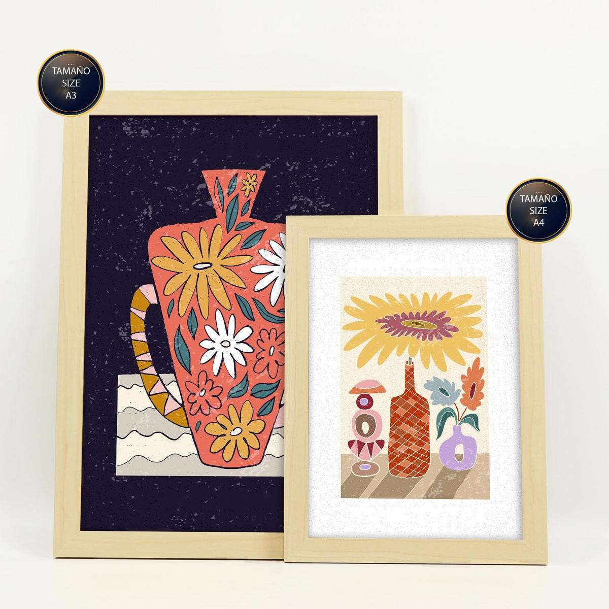 POSTER Set Mit 6 Vase im ethnischen Stil Größe A3 & A4 Rahmen aus hellem Holz - Beige, Papier (29.7/1cm) - Nacnic