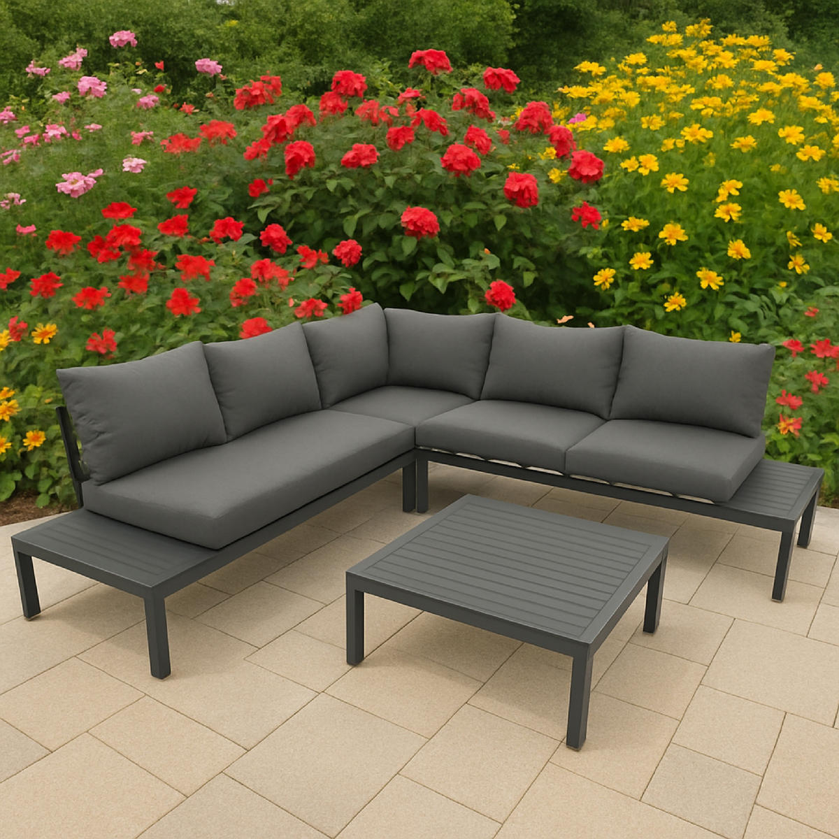LOUNGE-SET Solihull - Sitzgruppe 4-teilig aus gebürstetem Aluminium, Tischplatte und Armlehnen aus Kunstholz dunkelgrau - Grau, Metall - TPFGarden