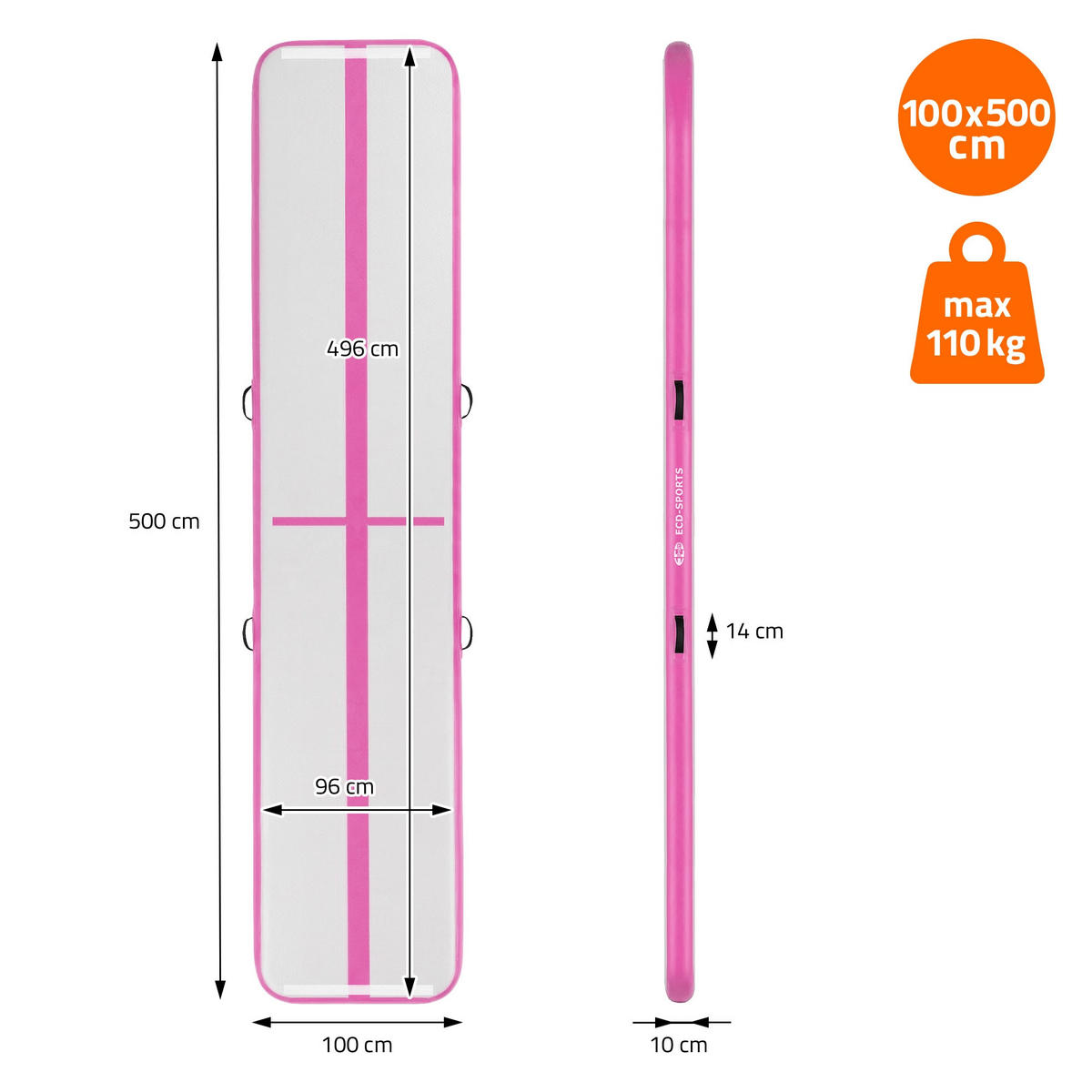 NAFUKOVACÍ gymnastická podložka Airtrack 500x100x10 cm růžová - růžová, plast (100/500cm) - ECD-Germany